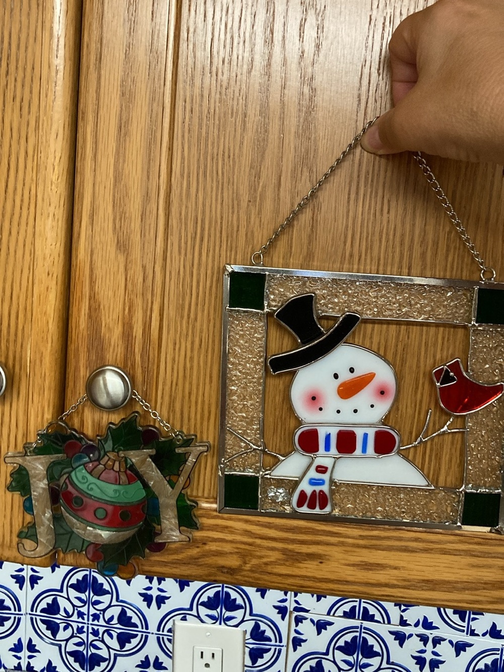 Festive White Stained Glass Snowman Wall Hanging - Holiday Decor